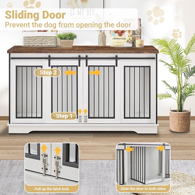 61'' Double Dog Crate Furniture for 2 Dogs, Large Double Dog Kennel Furniture TV Stand, Heavy Duty Dog Crate, Furniture Style Dog Crate End Table, Wood Crates for Dogs Kennel Indoor