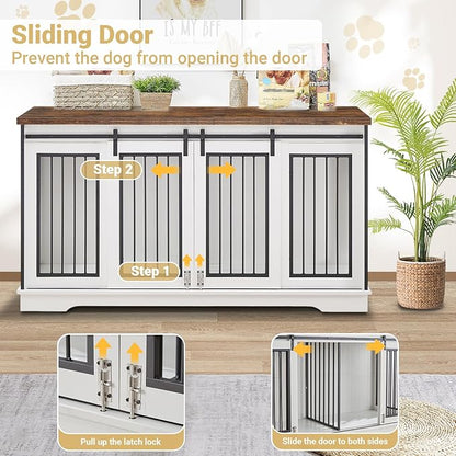 61'' Double Dog Crate Furniture for 2 Dogs, Large Double Dog Kennel Furniture TV Stand, Heavy Duty Dog Crate, Furniture Style Dog Crate End Table, Wood Crates for Dogs Kennel Indoor