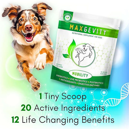 MAXGEVITY Mobility, Hip & Joint Support Meal Topper with Glucosamine & Green Lipped Mussels, Live Probiotics, Pre & Postbiotics, Digestive Enzymes, and Antioxidants | Up to 180 Day Supply.
