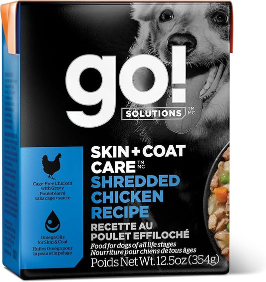 GO! SOLUTIONS Skin + Coat Care Wet Dog Food - Shredded Chicken Recipe with Grains - Complete & Balanced Nutrition for All Life Stages, 12.5 oz