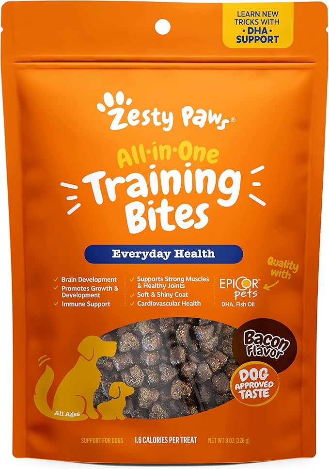 Zesty Paws Training Treats for Dogs & Puppies - Hip, Joint & Muscle Health - Immune, Brain, Heart, Skin & Coat Support - Bites with Fish Oil Omega 3 Fatty Acids with EPA & DHA - Bacon Flavor – 8oz