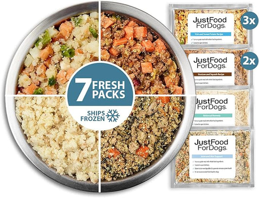 JustFoodForDogs Frozen Fresh Dog Food for Sensitive Skin & Stomach Human Grade Dog Food Variety Pack, Complete Meal or Dog Food Topper, 18 oz (Pack of 7)