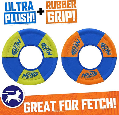 Nerf Dog Toss and Tug Ring Dog Toy, Flying Disc, Lightweight, Durable and Water Resistant, 9 Inch Diameter, For Medium/Large Breeds, Two Pack, Green and Orange