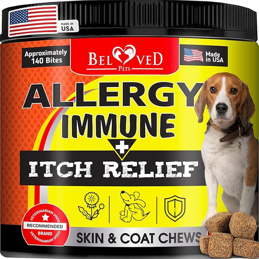 Dog Anti Itch & Allergy Relief Chews - Dry Itchy Skin & Hot Spot Treatment with Probiotic, Omega 3 Oil- Immune Supplement & Seasonal Allergies Medicine for Dogs, Puppy - 140 Bites Made in USA