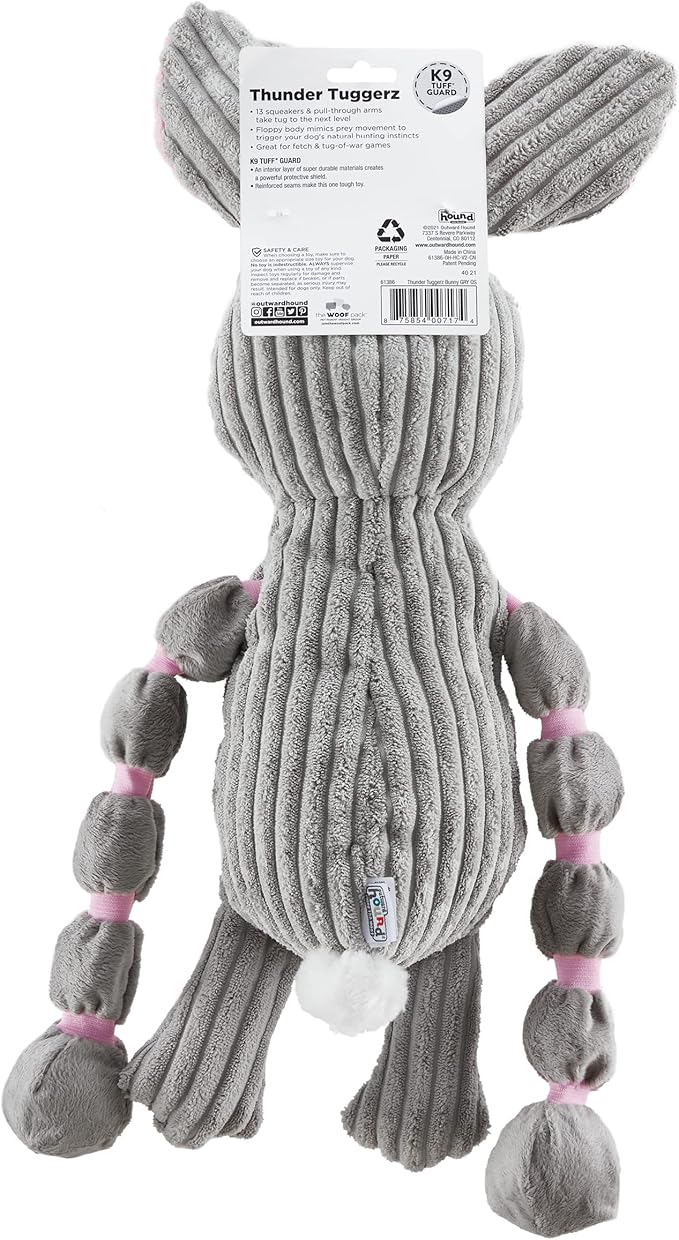 Outward Hound Thunda Tugga Bunny Plush & Squeaky Dog Tug Toy