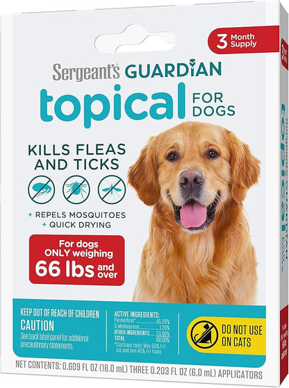 Sergeant's Guardian Flea & Tick Squeeze On Topical for Dogs, 66+ lbs., 3 Count