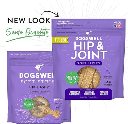 DOGSWELL Hip & Joint Dog Treats 100% Meaty, Grain Free, Glucosamine Chondroitin & Omega 3, Chicken Soft Strips 20 oz