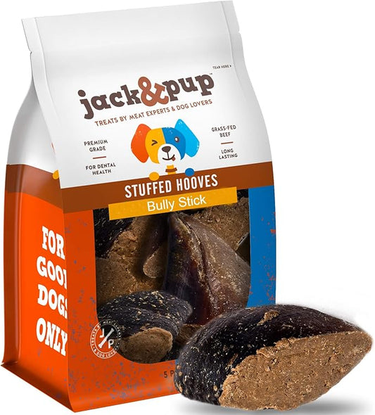 Jack&Pup Filled Cow Hooves for Dogs; Stuffed Dog Chew Hoofs (5 Pack) Cow Hoofs for Dogs. Natural Dog Chews, Filled Dog Bones (Bully Stick Flavor)