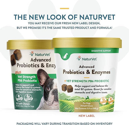 NaturVet Advanced Probiotics and Enzymes Supplement, Plus Vet Strength PB6 Probiotic, Soft Chews, Made in The USA with Globally Source Ingredients 70 Soft Chews