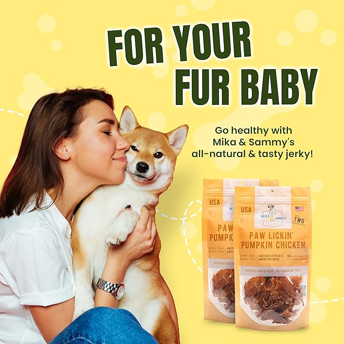 Gourmet Jerky Dog Treats - Natural Dog Treat Chicken Jerky for Dogs, Nutritious and Tasty Dog Jerky Treats Made in USA only, Cage-Free, No Additives (Mika & Sammy's Paw Lickin Pumpkin Chicken 12 oz)