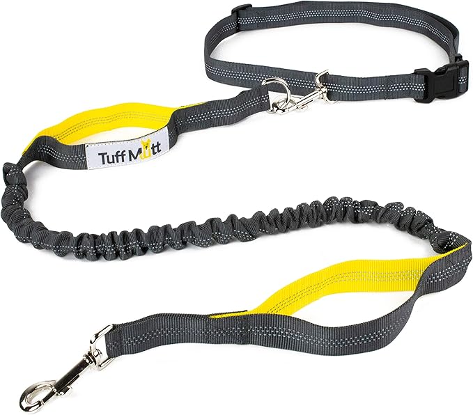 Hands Free Dog Leash for Running, Walking, Hiking, Durable Dual-Handle Bungee Leash is 4 Feet Long with Reflective Stitching, and an Adjustable Waist Belt That Fits up to 42 Inch Waist