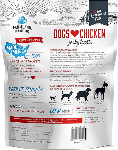 Farmland Traditions Dogs Love Chicken Premium Two Ingredients Jerky Treats for Dogs (1 lb. No Antibiotics Ever USA Raised Chicken)