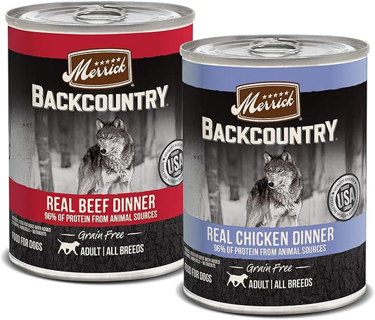 Merrick Backcountry Grain Free Premium Canned Dog Food, Variety Pack, Real Beef and Chicken Dinner Recipes - (Pack of 1) 9.5 lb. Cans