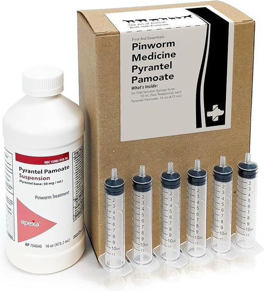 Pinworm Medicine Pyrantel Pamoate - Pint (473 mL) w/Six Oral Syringes (10 cc, 10 mL, 2 Tsp.) - Worm Out Parasite Cleanse Detox Purge
