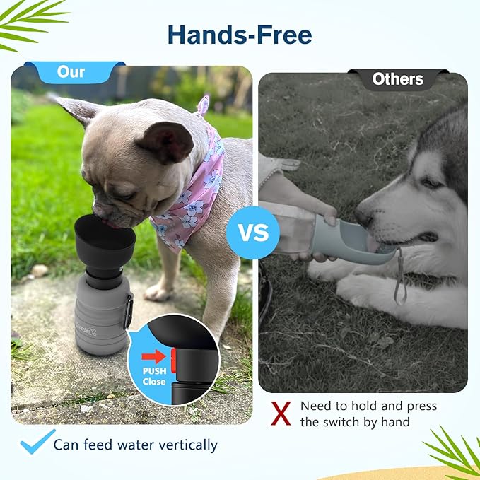 Pecute Dog Water Bottle Portable, 29oz Dog Foldable Water Bottle with Folding Bowl, Carabiner Clip, 5 Levels Capacity, 100% Food Grade Silicone, Dog Water Bottle for Outdoor Walking, Travel(Grey)