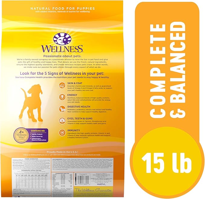 Wellness Complete Health Dry Puppy Food, Chicken, Salmon & Oatmeal, 15-Pound Bag