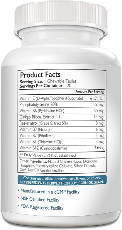 Cognitive Support for Dogs, Promotes Dog Brain Health, Mental Support for Old Dogs, Supplement for Dogs with Cognitive Difficulties, 120 Chewable Tablets