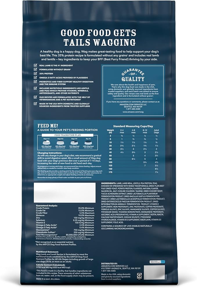 Amazon Brand - Wag Dry Dog Food Grain-Free Lamb & Lentil Recipe, High Protein (24 lb bag)