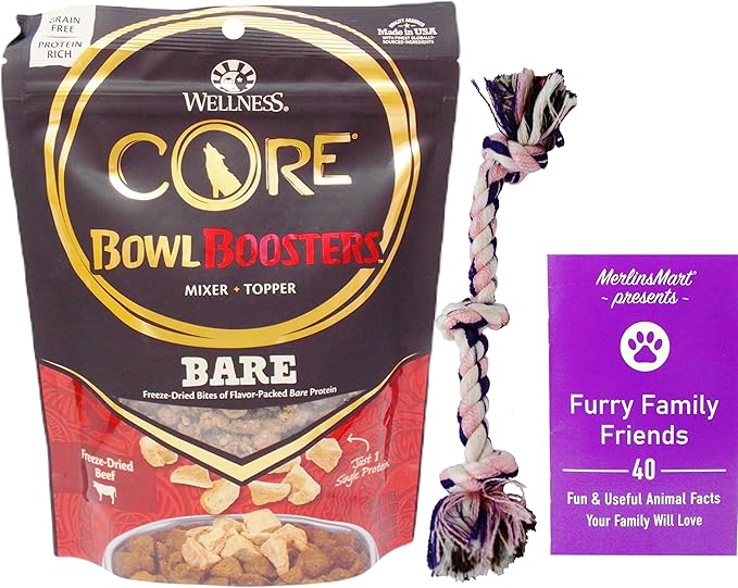 Wellness CORE Bowl Boosters Freeze-Dried Mixer Topper for Dogs - Single Protein Superfoods - Beef (4 Ounces) - Plus Rope Toy and Fun Animal Facts Booklet Bundle