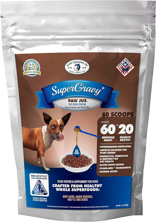 SuperGravy PAW Jus - Natural Dog Food Gravy Topper - Hydration Broth Food Mix - Human Grade – Kibble Seasoning for Picky Eaters – Gluten Free & Grain Free, 01085, 60 Scoop