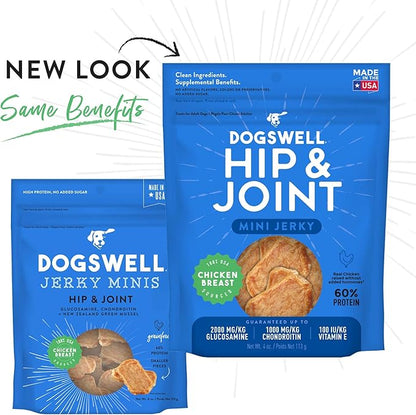 Dogswell Hip & Joint Mini Jerky Dog Treats, Chicken Breast, 4 oz. Pouch