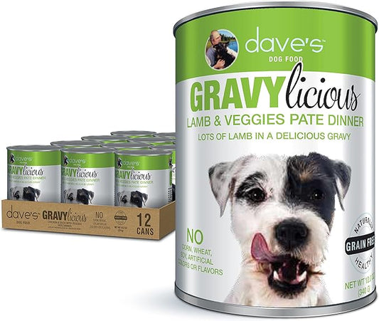 Dave's Pet Food Gravylicous Soft Wet Dog Food for Small & Large Dogs (Lamb with Veggies), Grain Free Canned Dog Food, Added Vitamins & Minerals, Wheat & Gluten-Free, 12oz Cans (Case of 12)