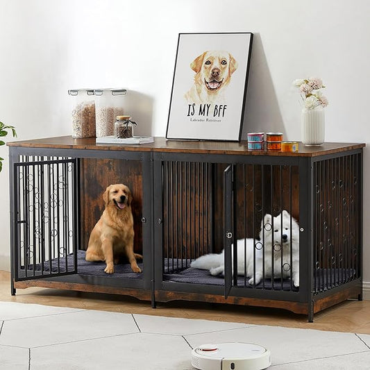 70.86'' Dog Crate Furniture Large Breed TV Stand with Cushion & Double Rooms,Wooden Dog Kennel Dog Crate End Table with Removable Divider for Large Medium Dogs, Brown