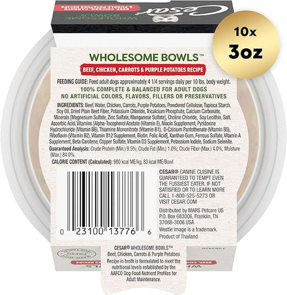 CESAR WHOLESOME BOWLS Adult Wet Dog Food, Beef, Chicken, Purple Potatoes & Carrots, 3 oz., Pack of 10