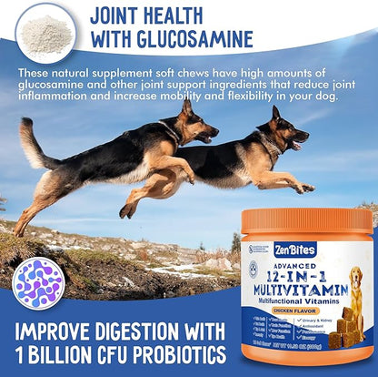 12-in-1 Dog Vitamins & Probiotics 120 Soft Chews - Organic Multivitamin with Glucosamine for Dogs - Joint Support Supplement for Dogs of All Ages,Sizes, & Breeds,Supports Skin,Heart,Immunity