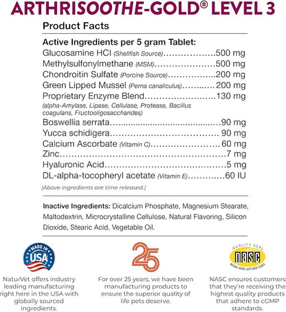 NaturVet – ArthriSoothe-GOLD – Level 3 Advanced Joint Care | Clinically Tested to Support Connective Tissue, Cartilage Health & Joint Movement | Enhanced with Glucosamine, MSM, Chondroitin & Green Lipped Mussel | For Dogs & Cats | 90 Chewable Tablets