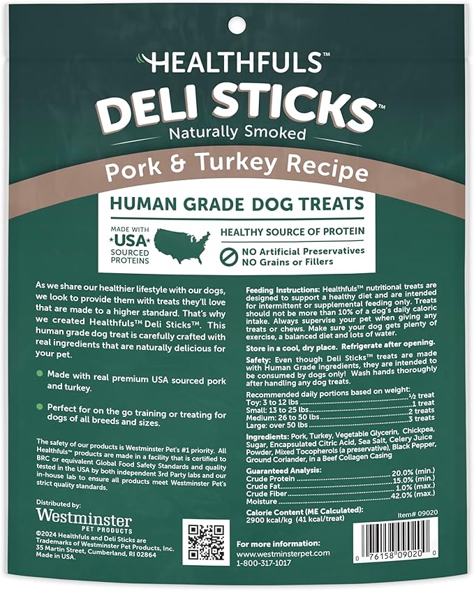 Deli Sticks Pork and Turkey Human-Grade Gluten-Free Soft and Chewy Dog Treats, 10 Count Bag