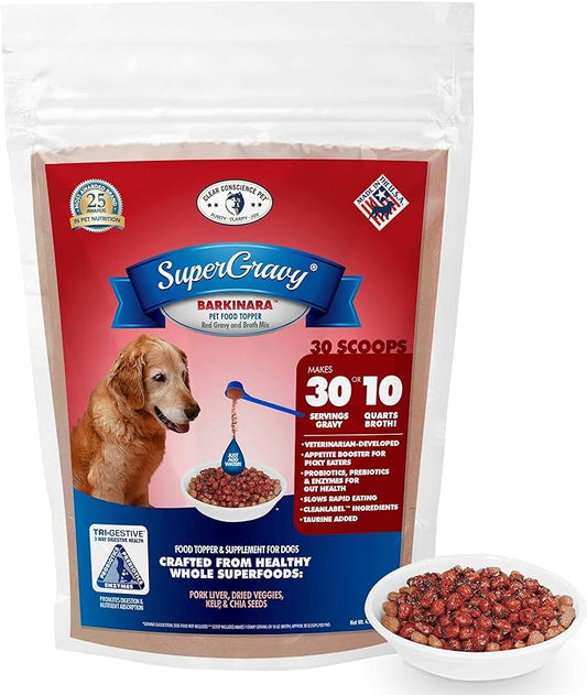 SuperGravy BARKinara - Natural Dog Food Gravy Topper - Hydration Broth Food Mix - Human Grade – Kibble Seasoning for Picky Eaters – Gluten Free & Grain Free, 30 Scoop, 01048