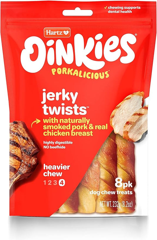 Hartz Oinkies Porkalicious Smoked Pig Skin Chicken Jerky Twists Dog Treats, 8 Count