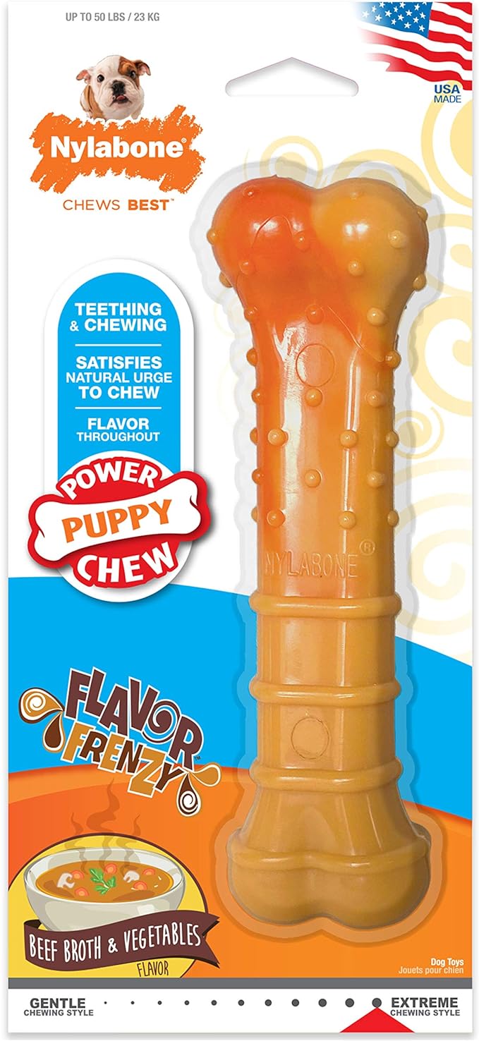 Nylabone Puppy Power Chew Toy - Tough and Durable Puppy Chew Toy for Teething - Puppy Supplies - Beef Broth & Vegetable Flavor, Small (1 Count)
