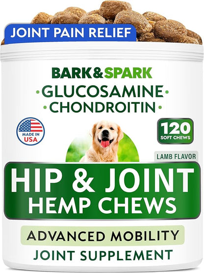 Bark&Spark Advanced Hemp Chews for Dog Joint Pain Relief - Glucosamine Chondroitin Hemp Treats Hip Joint Health - Joint Supplement Large Breed & Small - Hemp Treats Joints Old Senior Dog (120Ct/Lamb)