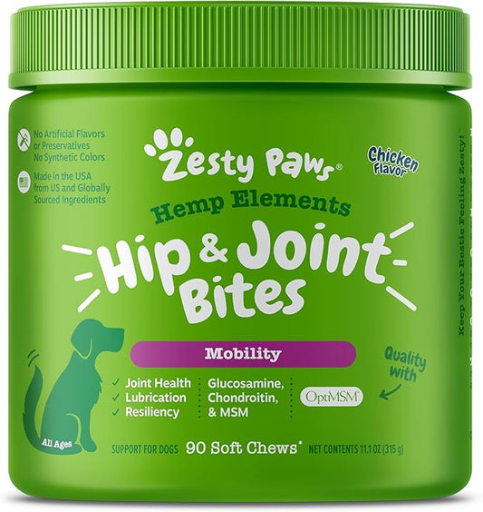 Zesty Paws Mobility Bites Dog Joint Supplement - Hip and Joint Chews for Dogs - Pet Products with Glucosamine, Chondroitin, & MSM + Vitamins C and E for Dog Joint Relief – Hemp - Chicken – 90 Count