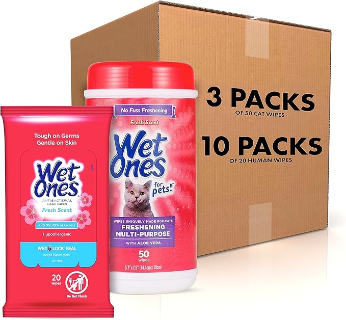 Wet Ones Mixed 13 Piece Bundle of Human & Cat Wet Wipes, Fresh Scent | 10 Packs Antibacterial Hand and Face Wipes, 20ct Plus 3 Packs for Pets Multipurpose Cat Wipes, 50ct
