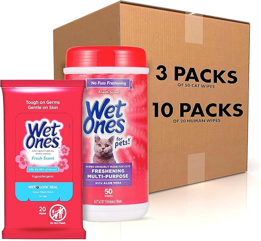 Wet Ones Mixed 13 Piece Bundle of Human & Cat Wet Wipes, Fresh Scent | 10 Packs Antibacterial Hand and Face Wipes, 20ct Plus 3 Packs for Pets Multipurpose Cat Wipes, 50ct