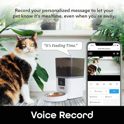 Geeni 6L Smart Pet Feeder with Camera, 1080p HD, Night Vision, Two-Way Audio, Pre-Recorded Messages, WiFi Enabled, Voice Control with Alexa & Google Home, Automatic Cat & Dog Food Dispenser, White