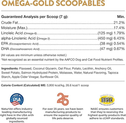 NaturVet Scoopables Omega-Gold Anchovy Oil & Salmon Supplement For Dogs and Cats - Supports Healthy Skin & Coat Plus DHA, EPA, Omega-3, & Omega-6 - Anchovy & Salmon Flavored For Dog and Cat | 11oz Bag