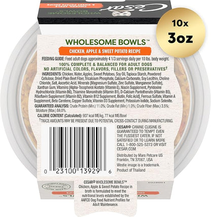 CESAR WHOLESOME BOWLS Adult Soft Wet Dog Food Chicken, Apple & Sweet Potato Recipe, (10) 3 oz. Bowls