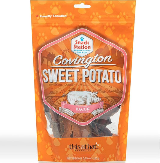Covington Sweet Potato - Bacon - 5.29 oz, Dehydrated Dog Treats, Vitamin Rich All Natural Chew, This & That Canine Co