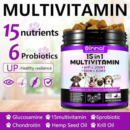 Dog 15-in-1 Multivitamin Chewable, Dog Vitamins & Supplements, Pet Joint Support Health - Immunity - Mobility - Gut - Skin, Dog Vitamins with Biotin, Cranberry, Glucosamine for Dogs (150 Chews)