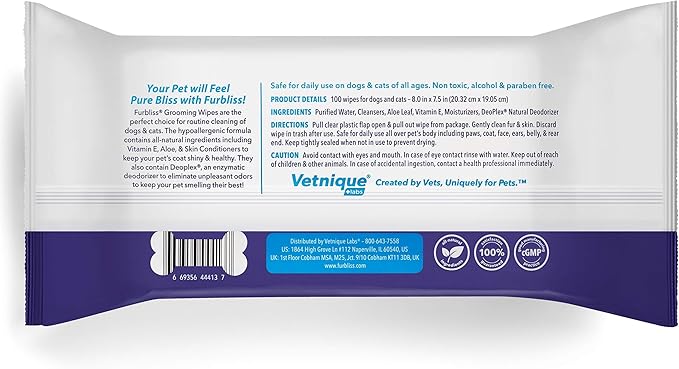 Vetnique Labs Furbliss Hygienic Pet Wipes for Dogs & Cats, Cleansing Grooming & Deodorizing Hypoallergenic Thick Wipes with All Natural Deoplex Deodorizer (Unscented, 600ct)