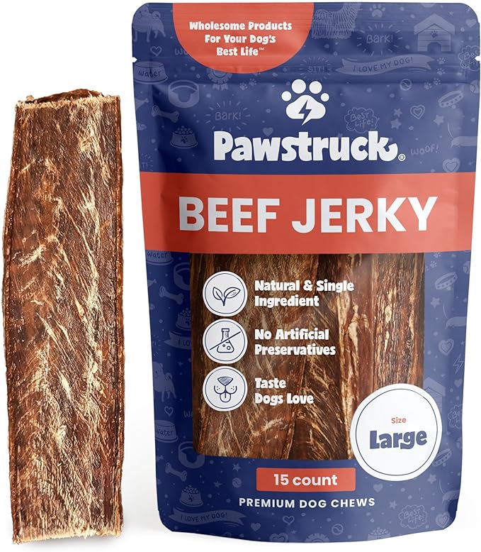 Pawstruck Premium Beef Jerky Dog Treat Chews, Large 10" Strips - Support Hip & Joint Health Naturally Rich in Glucosamine & Chondroitin - No Added Preservatives - 15 Count - Packaging May Vary