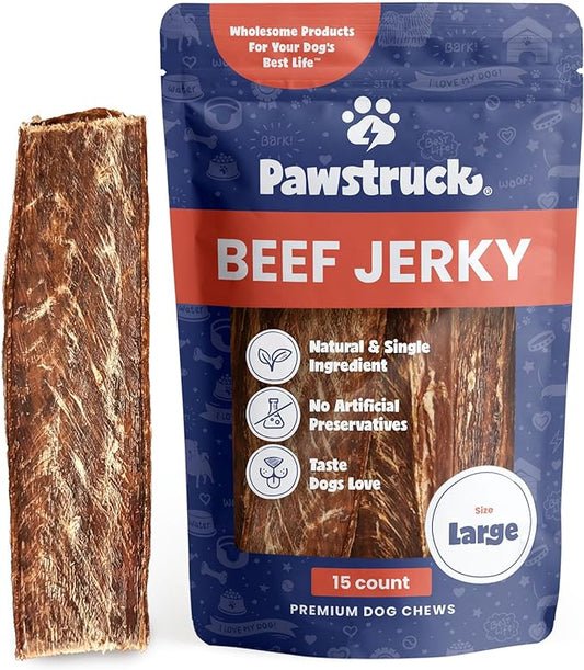 Pawstruck Premium Beef Jerky Dog Treat Chews, Large 10" Strips - Support Hip & Joint Health Naturally Rich in Glucosamine & Chondroitin - No Added Preservatives - 15 Count - Packaging May Vary