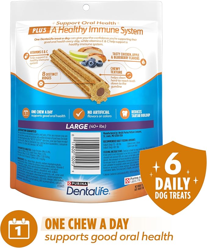 Dentalife Purina Plus Immune Support Chicken, Apple and Blueberry Flavor Dog Dental Chews - 6 ct. Pouch.