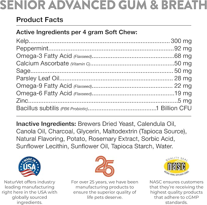NaturVet Senior Advanced Gum & Breath Dog Supplement – Includes Peppermint, Parsley Leaf to Help Promote Periodontal Health, Fresh Breath for Dogs – 45 Ct. Soft Chews