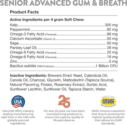 NaturVet Senior Advanced Gum & Breath Dog Supplement – Includes Peppermint, Parsley Leaf to Help Promote Periodontal Health, Fresh Breath for Dogs – 45 Ct. Soft Chews