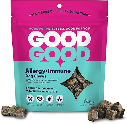 GoodGood Allergy + Immune Dog Supplements; Supports Seasonal Allergies; Chewable Soft Treats with Echinacea; Probiotics; Vet Formulated; 90 Natural Flavor Chews